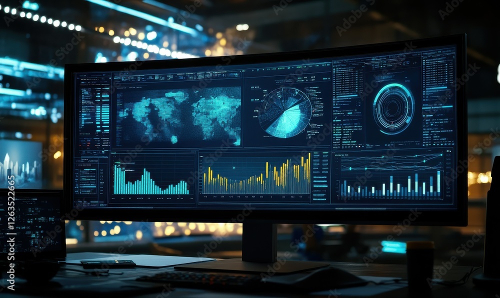 Poster a computer screen presenting analytical data and graphs, perfect for business presentations and fina