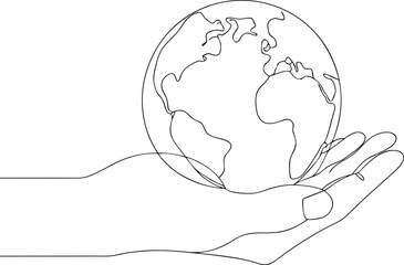 Continuous Line Art Drawing Style Hand Holding World Icon Concept Of Save The Planet Editable Stroke Minimalist Style