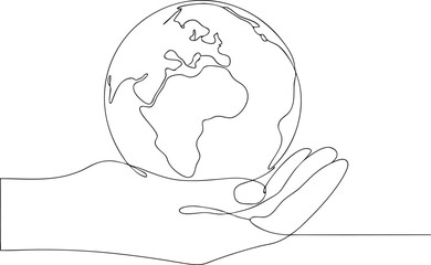 Continuous Line Art Drawing Style Hand Holding World Icon Concept Of Save The Planet Editable Stroke Minimalist Style
