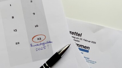 Close up of a calendar February 2025 and marked election voting day on the 23rd