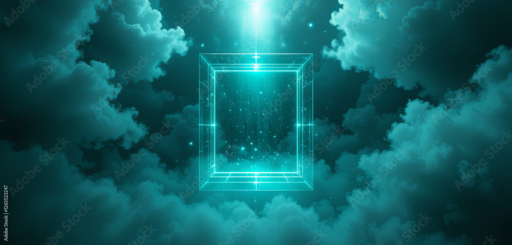 Poster a luminous square portal emerges from glowing clouds in a dark sky, radiating an ethereal light. sta