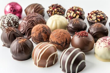 Fototapeta premium Collection of chocolate candies with decorative toppings on a white background, with full depth of field, focusing on the intricate details