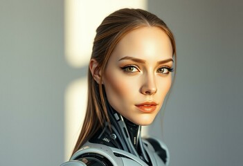 Naklejka premium Female cyborg portrait in natural light