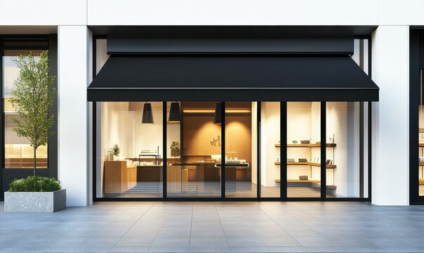A modern retail space with a black awning and glass doors, appropriate for commercial or retail activities.