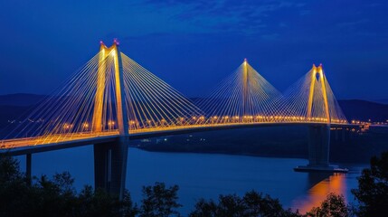 Fototapeta premium Illuminated cable-stayed bridge spanning a river at twilight.