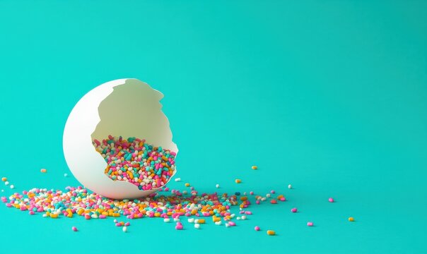 A white eggshell, cracked open, spills colorful candy sprinkles against a bright turquoise background, setting a playful and whimsical tone for creative projects
