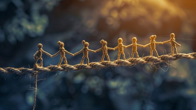 Abstract illustration with figures walking on a rope symbolises unity and support, suitable as a background for materials about teamwork, cooperation and motivation.