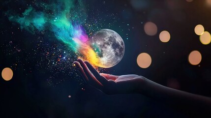   A person holding a vibrant object against the backdrop of a starry night and full moon