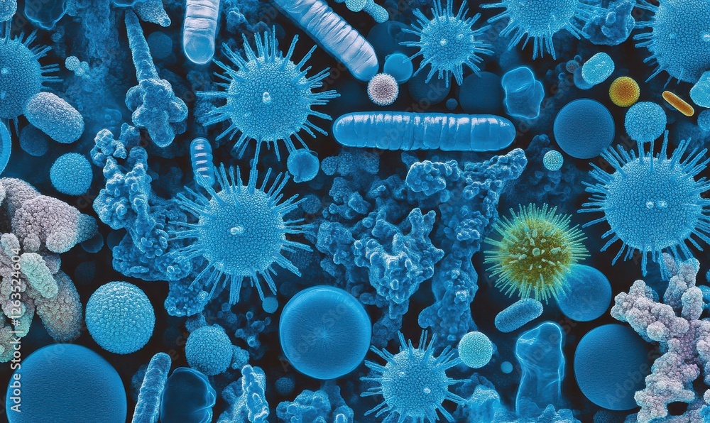 Poster a detailed microscopic view of viruses and bacteria, emphasizing their varied shapes and sizes in bl