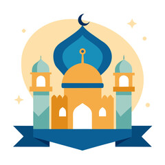 Ramadan Kareem banner, poster, greeting card, cover design with mosque, crescent moon, stars and typography in flat geometric style. vector illustation