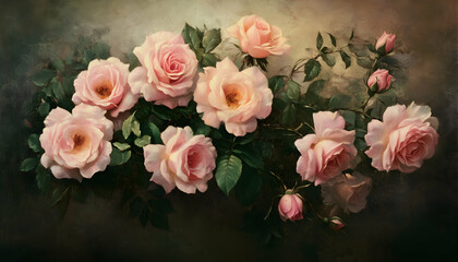 Beautiful bouquet of pink roses, flowers on a dark background, soft and romantic vintage filter, looking like an old painting