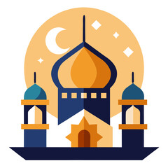 Ramadan Kareem banner, poster, greeting card, cover design with mosque, crescent moon, stars and typography in flat geometric style. vector illustation