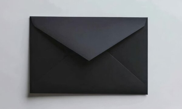A blank black envelope is placed on a striking white background, showcasing a simple yet elegant composition.