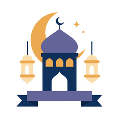 Ramadan Kareem banner, poster, greeting card, cover design with mosque, crescent moon, stars and typography in flat geometric style. vector illustation