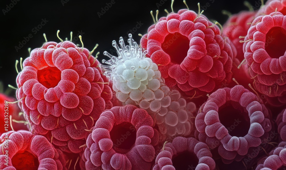 Poster a zoomed-in view of raspberries, highlighting one with a white tip, producing a unique and captivati