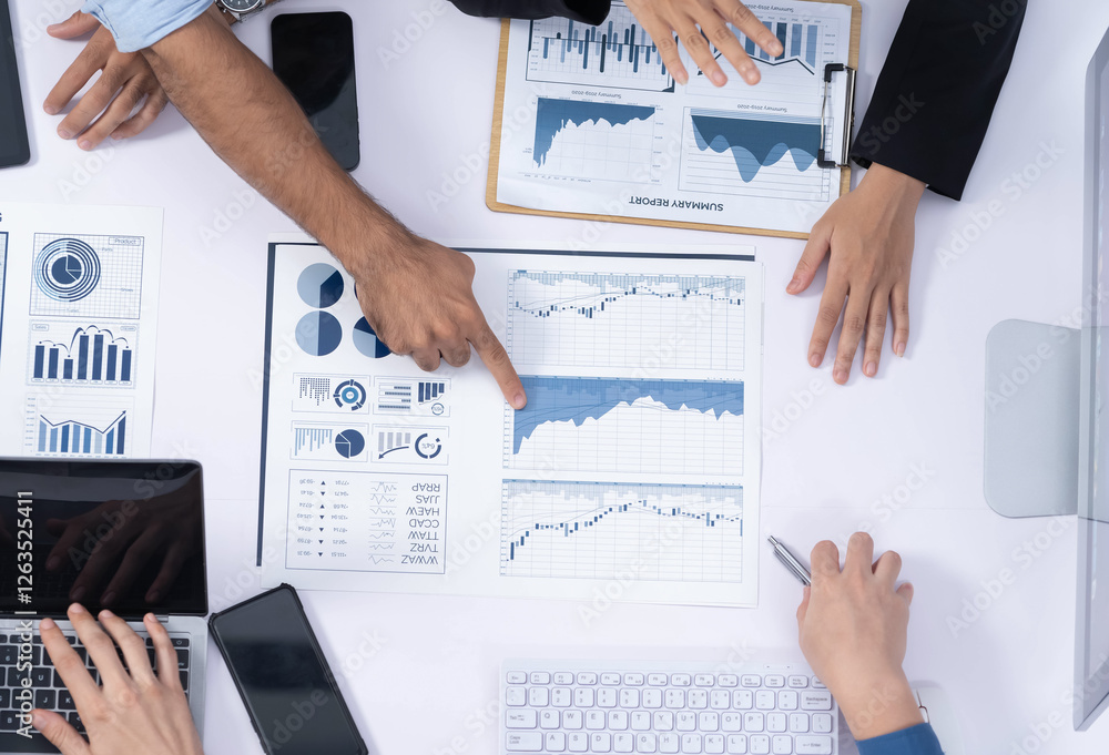 Poster top view analyst team utilizing bi fintech to analyze financial data at table in meeting room. analy
