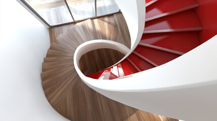 Fototapeta premium A spiral staircase with white walls and red accents, seen from above, the circular shape and rich colors have a uniqueness that is eye-catching