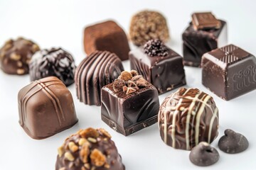 Collection of chocolate candies with decorative toppings on a white background, with full depth of field, focusing on the intricate details