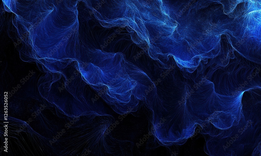 Poster abstract dark blue digital background with sparkling blue light particles and areas with deep depths