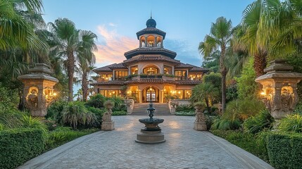 Obraz premium Luxury Mansion at Dusk: A Tropical Oasis