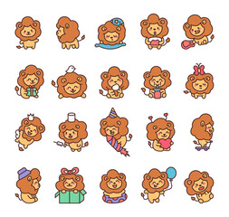 Adorable lion character set featuring cute kawaii celebrating birthday, holding gifts, balloons, wearing hats, and enjoying heartwarming moments in a charming cartoon style