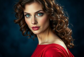 Fototapeta premium Glamorous woman in red evening gown with gradient blue background