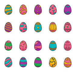 Easter egg holiday decoration set with traditional painted ornaments and festive symbols for seasonal celebration in cute outline clipart style for yours design projects