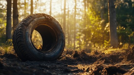 Fototapeta premium Abandoned Tire Surrounded by Lush Forest During Golden Hour Light