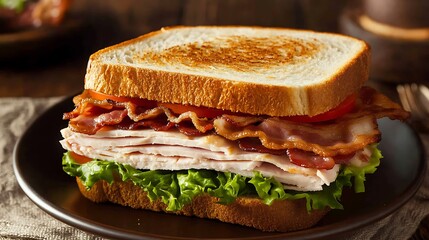 A classic club sandwich with turkey, bacon, lettuce, and tomato on toasted white bread 