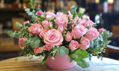 Beautiful arrangement of pink roses and hearts for romantic celebrations or events