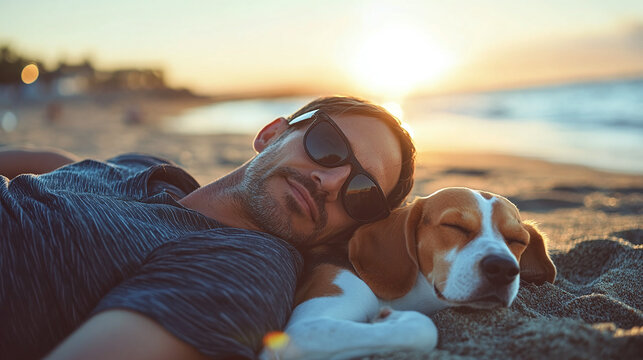 Man lying on the beach with a beagle dog.