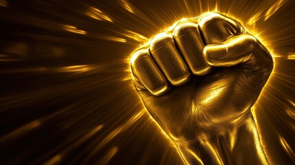 A golden fist illuminated by intense rays of golden light