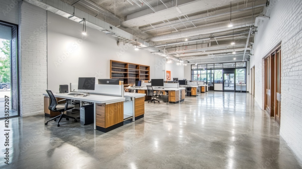 Aufkleber white brick open space office interior with a concrete floor, a blank wall fragment and a row of com