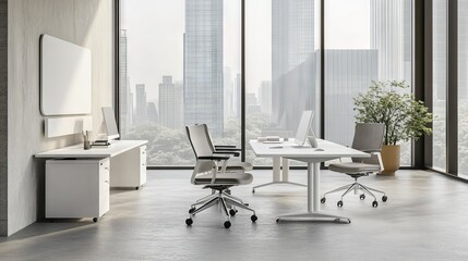 Interior of panoramic CEO office with white walls, concrete floor, white computer table with chairs for visitors and window with blurry cityscape. Mock up wall to the left. 3d rendering