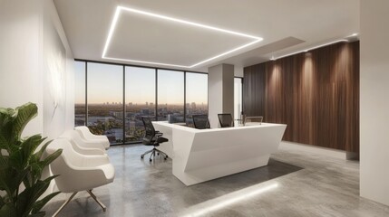 Interior of panoramic CEO office with white walls, concrete floor, white computer table with chairs for visitors and window with blurry cityscape. Mock up wall to the left. 3d rendering