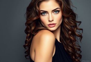 Fototapeta premium Woman in black dress with curly hair and green eyes
