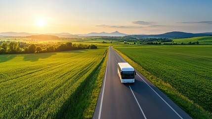 Modern luxurious bus journey along scenic countryside road sunrise view nature landscape