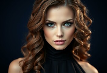 Naklejka premium Portrait of a glamorous woman with long, curly hair and piercing green eyes