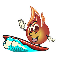 cute fire vektor illustration mascot character surfing riding the waves, work of hand drawn