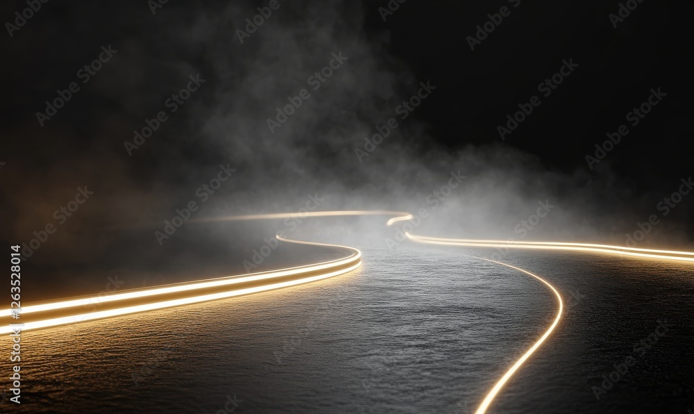 Poster a scene with a dark backdrop showcasing a light track with golden lines on the left and a glowing wh