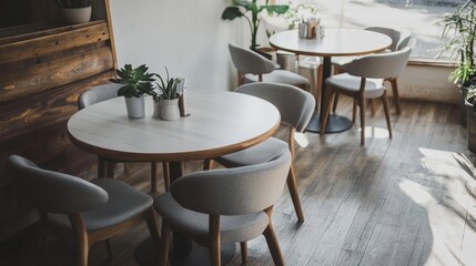White cafe interior with a wooden floor, round white tables and gray and wooden chairs. 3d rendering mock up