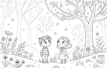 Fototapeta premium Coloring page with a boy and a girl in the forest