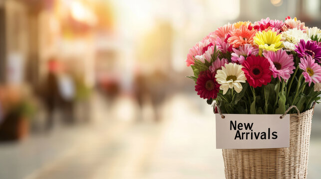 Colorful New Arrivals sign next to a vibrant bouquet of flowers in a bustling street filled with shoppers and sunlight