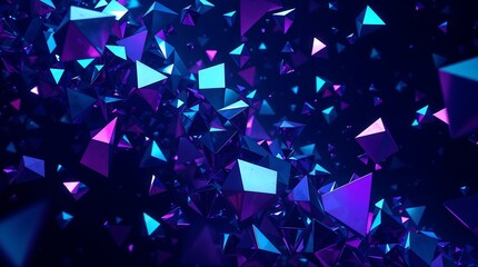 Dynamic 3D triangular shapes floating in dark space with neon blue and purple lighting effects. Perfect for technology, blockchain, cryptocurrency, or modern design backgrounds.