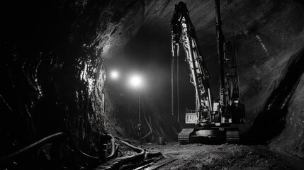 Monochrome shot of mining equipment in a dark tunnel.