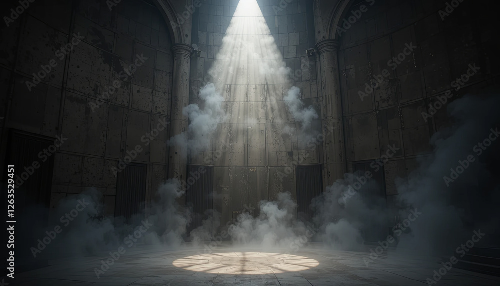 Poster a beam of light shines through an opening in the ceiling of a deserted building, illuminating a circ
