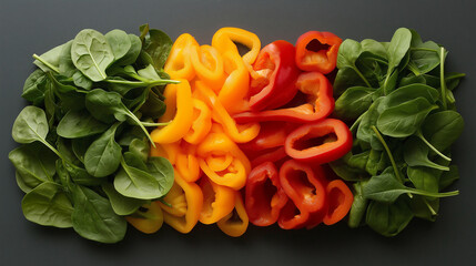 An artistic top-down shot of a neatly arranged vegetable rainbow (bell peppers, carrots, spinach) on a neutral background with open space for a message.