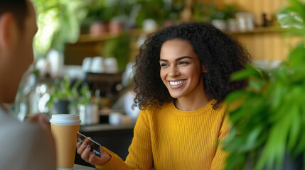 Latina woman chats with barista while paying for coffee at a modern cafe using a credit card on a sunny day