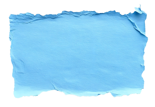Isolated cut out torn piece of blank blue paper note cardboard with texture and copy space for text, transparent png background design element