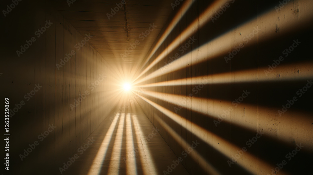 Poster luminous point of light radiates clean beams through a dark tunnel creating an abstract cosmic aesth